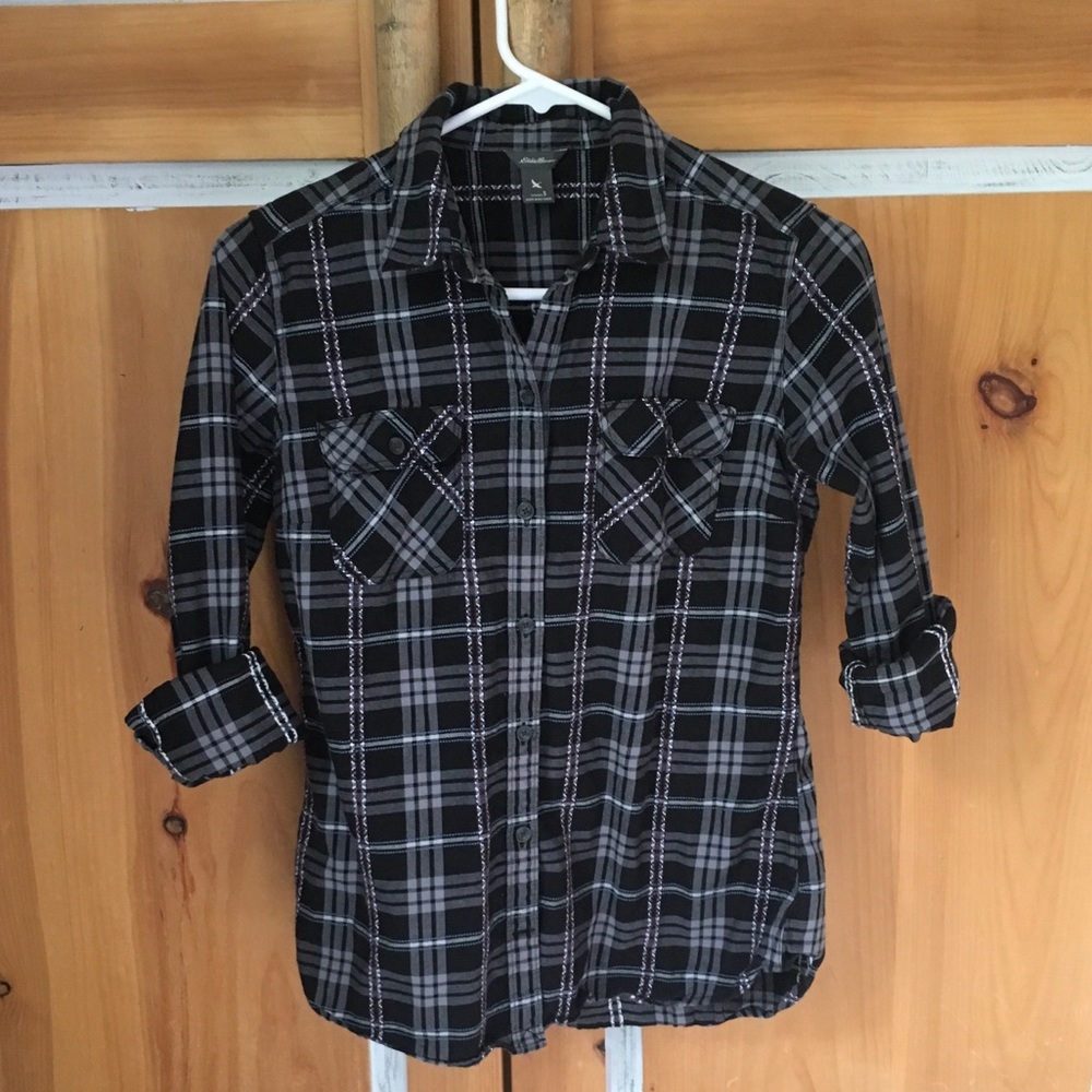 Eddie Bauer Black Plaid Button up Cotton Shirt NEW